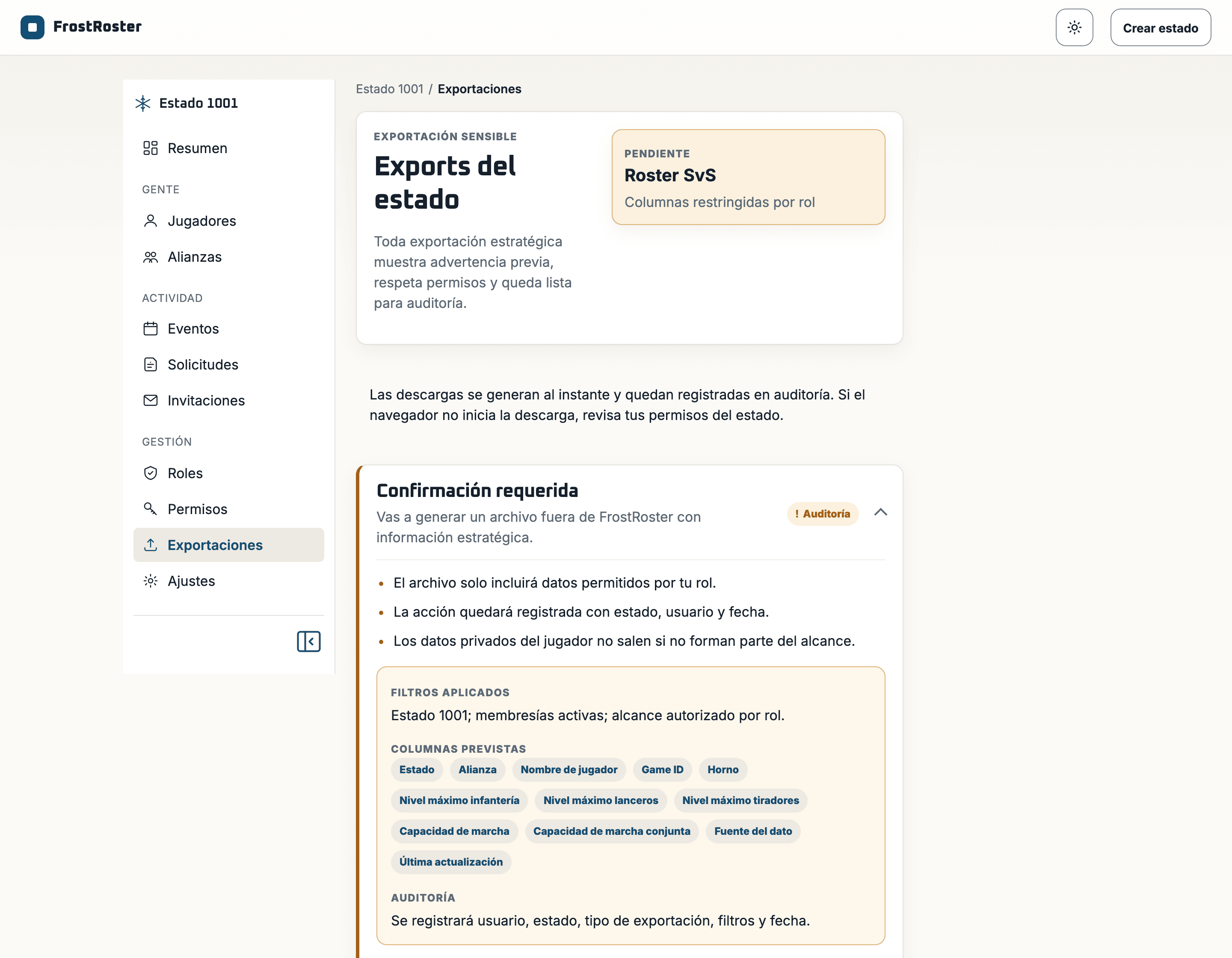 Export screen with the confirmation step, the columns that will be included and the notice that the action is audited.