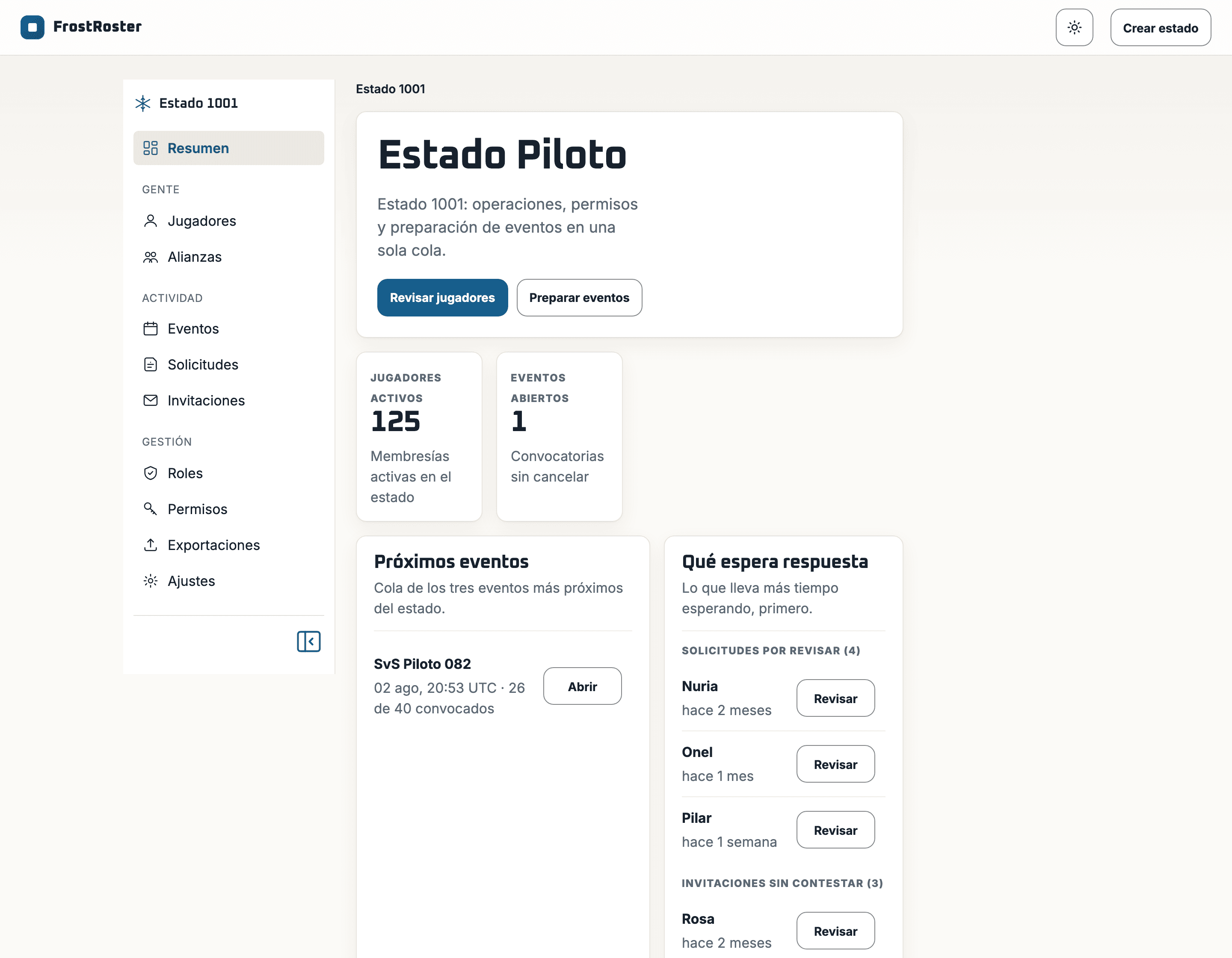 State dashboard showing active players, open events, the queue of upcoming events and the requests waiting for an answer.