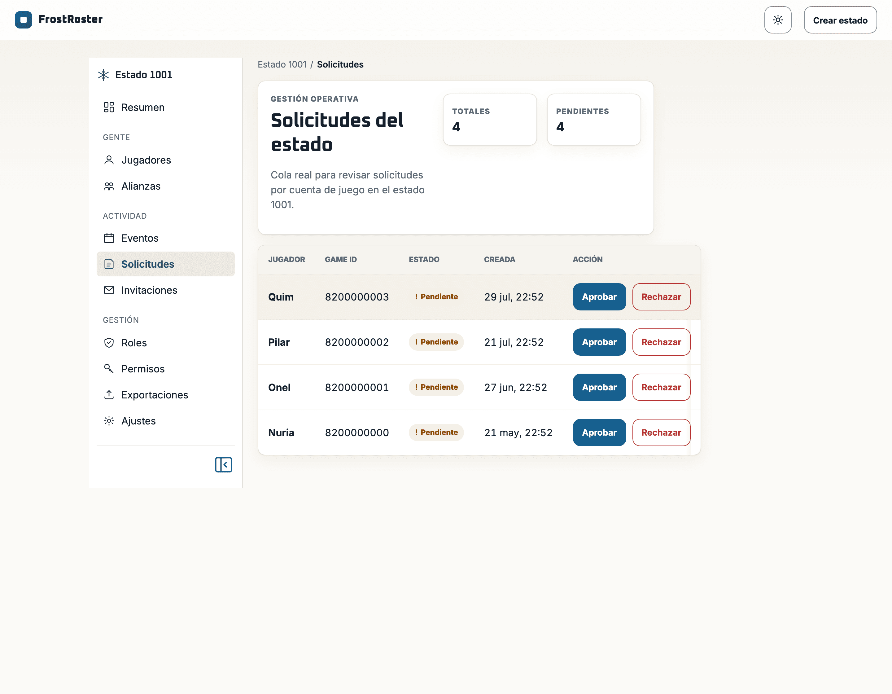 Queue of pending requests with the player, their game ID, the date and the approve and reject buttons.